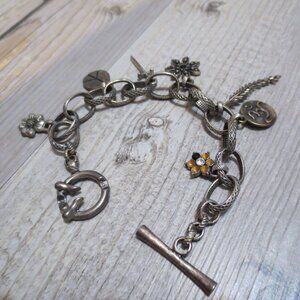 SOLD! Charm Bracelet Silver Tone Chain Toggle Flowers, Peace Sign, Feather